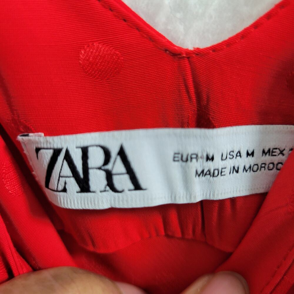 Zara Jacquard Dot Red Spaghetti Strap Front Slit With Ruffle Dress Size M 3825 - Picture 4 of 5